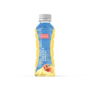 A bottle of juice with apple and banana.