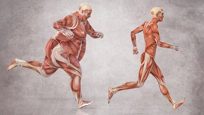 A man running in front of an image of muscles.