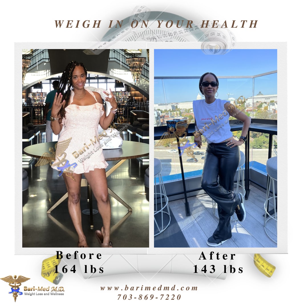 A woman is standing on the boat and before and after she has lost weight.