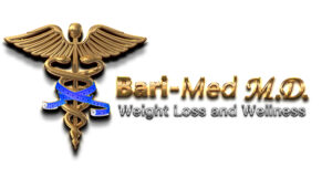 A gold and blue medical symbol with the words " barimed fitness weight loss and wellness."