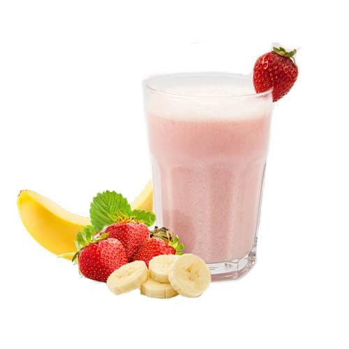 A glass of strawberry milk with bananas and strawberries.