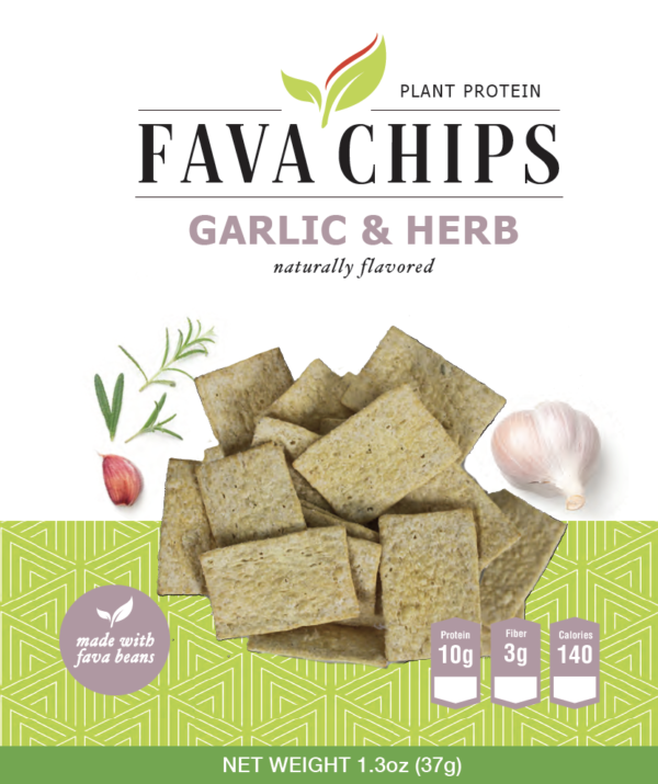 A package of garlic and herb flavored fava chips.