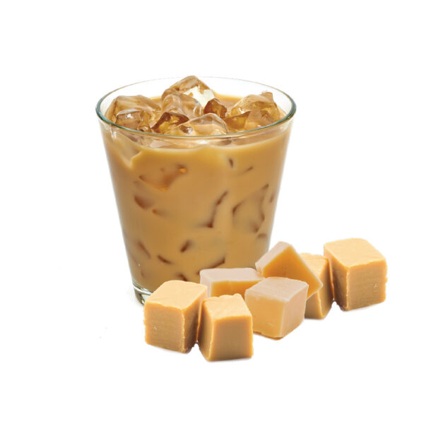 A glass of ice coffee with some cubes of cheese