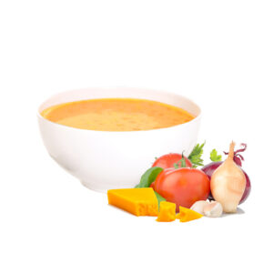 A bowl of soup with cheese, tomatoes and onions.