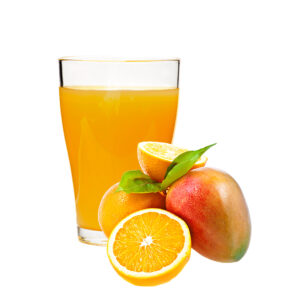 A glass of orange juice next to an apple and an orange.